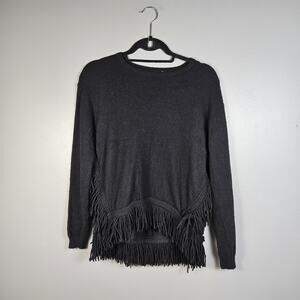 DEREK LAM 10 C Cashmere Wool Blend Sweater Black Fringe Hem Boho Western Size S